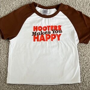 Hooters White Tee with Brown Raglan Sleeves and Red Logo